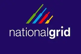 Official National Grid corporate logo featuring white lowercase text and four colorful angled bars above on a dark purple background.