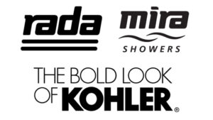 Monochrome logo graphic featuring Rada, Mira Showers, and The Bold Look of Kohler on a plain white background.